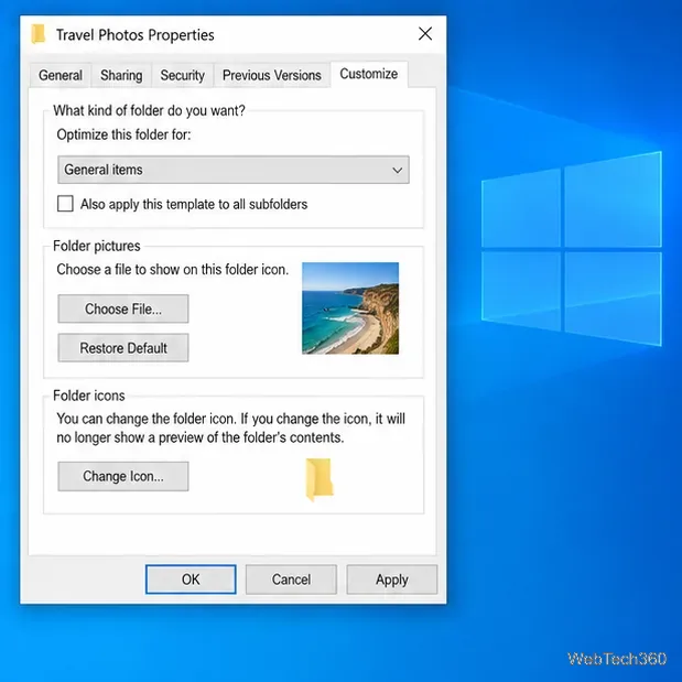 Fila Personalizare Windows 10 cu previzualizarea fotografiei de coastă selectate și butoanele Aplicare și OK