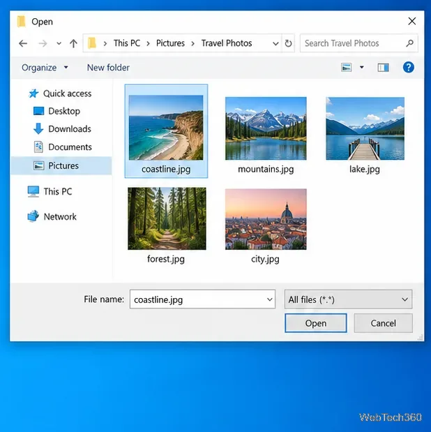 Caseta de dialog Deschideți în Windows 10 care afișează fișierul coastline.jpg selectat dintre fișierele de imagine din folderul Fotografii de călătorie
