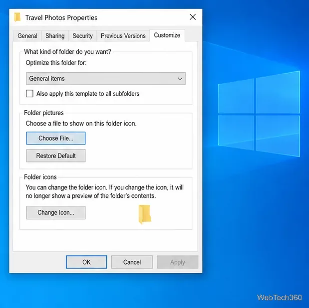 Caseta de dialog Proprietăți folder Windows 10 din fila Personalizare cu butonul Imagini folder Alegeți fișier
