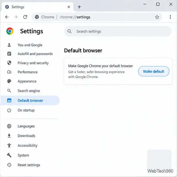 Page d'exemple des paramètres de Google Chrome avec le navigateur par défaut sélectionné et le bouton « Définir comme navigateur par défaut » visible.