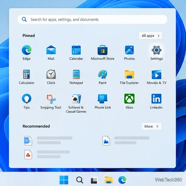 Illustration du menu Démarrer de Windows 11 avec l'application Paramètres visible parmi les applications épinglées.
