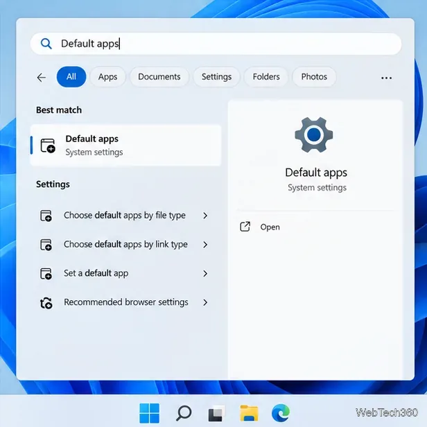 Exemple de recherche dans le menu Démarrer de Windows 11 pour les applications par défaut, avec le résultat « Paramètres système » sélectionné.
