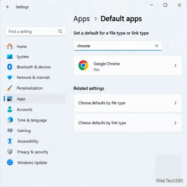 Exemple de champ de recherche des applications par défaut de Windows 11 contenant Chrome, avec Google Chrome affiché comme résultat.