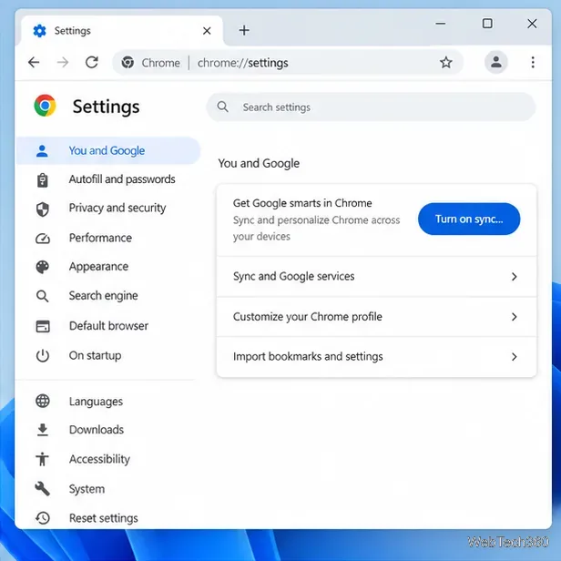 Page d'accueil des paramètres Chrome (à titre d'illustration) avec le navigateur par défaut visible dans le menu de navigation de gauche.