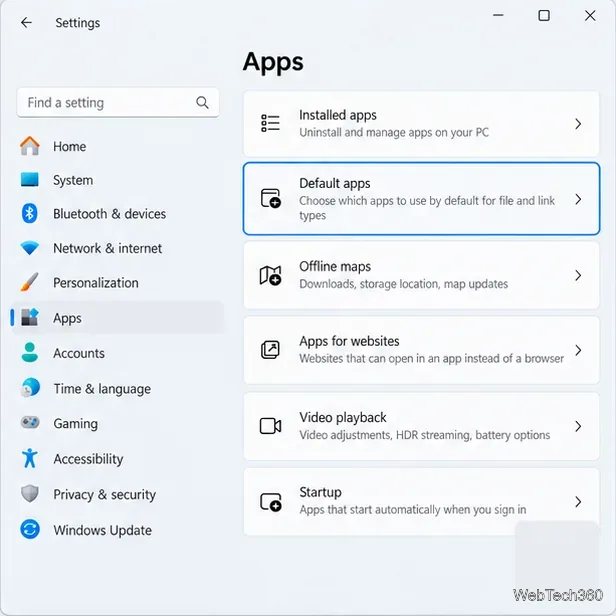 Page d'applications des paramètres de Windows 11 (à titre illustratif), avec la ligne « Applications par défaut » mise en évidence.