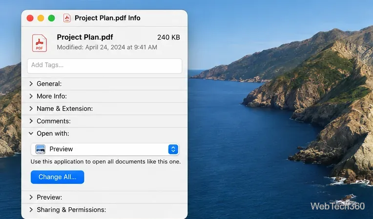 Fenêtre PDF « Obtenir des informations » avec l’option « Aperçu » sélectionnée et le bouton « Tout modifier » activé.