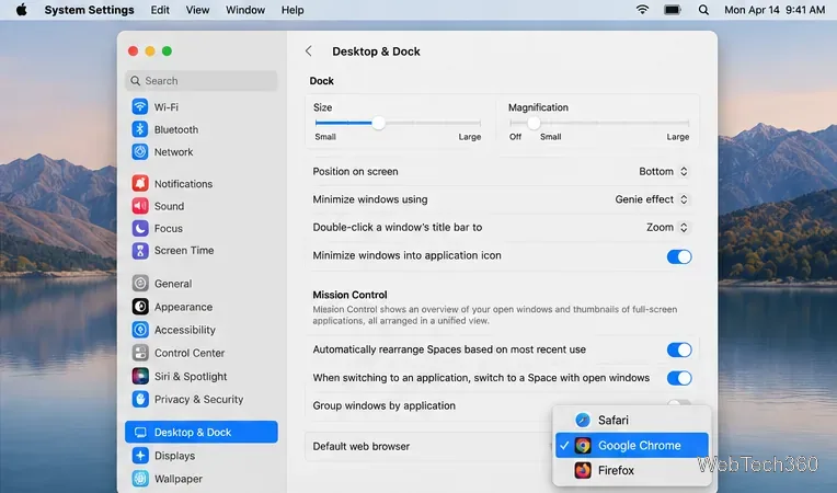 Le menu par défaut du navigateur Web s'ouvre avec Google Chrome sélectionné.