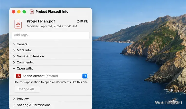 Fenêtre « Lire les informations » du PDF avec l’option « Ouvrir avec » développée et Adobe Acrobat affiché comme application active