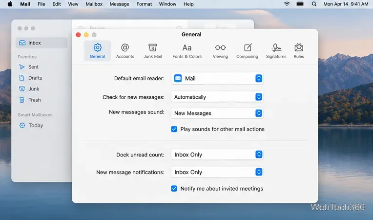 Réglages généraux d'Apple Mail affichant le sélecteur de lecteur de messagerie par défaut