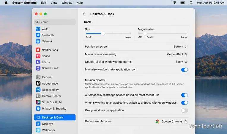 Les paramètres système s'ouvrent sur Bureau et Dock, avec le navigateur Web par défaut visible.