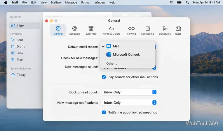 Menu par défaut du lecteur de messagerie affichant Mail, Microsoft Outlook et Autres