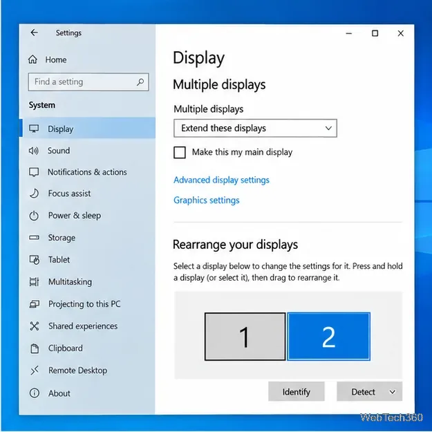 На странице «Дисплей» в Windows 10 отображаются мониторы 1 и 2, а также параметр «Расширить эти дисплеи».