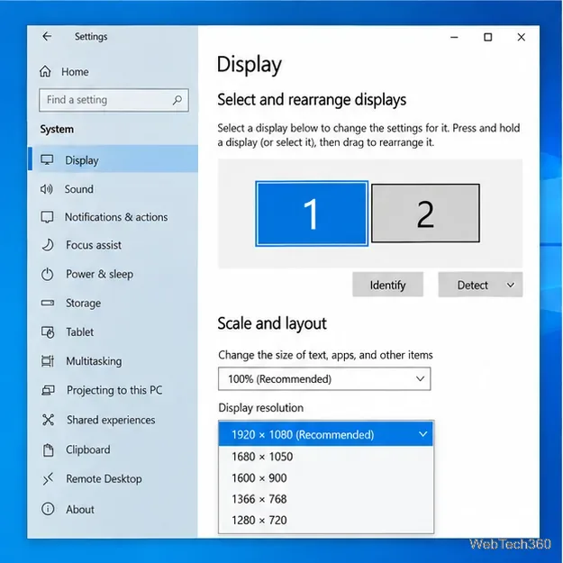 В меню выбора разрешения экрана Windows 10 для монитора 1 с разрешением 1920 x 1080 выбрано «Рекомендуемое».