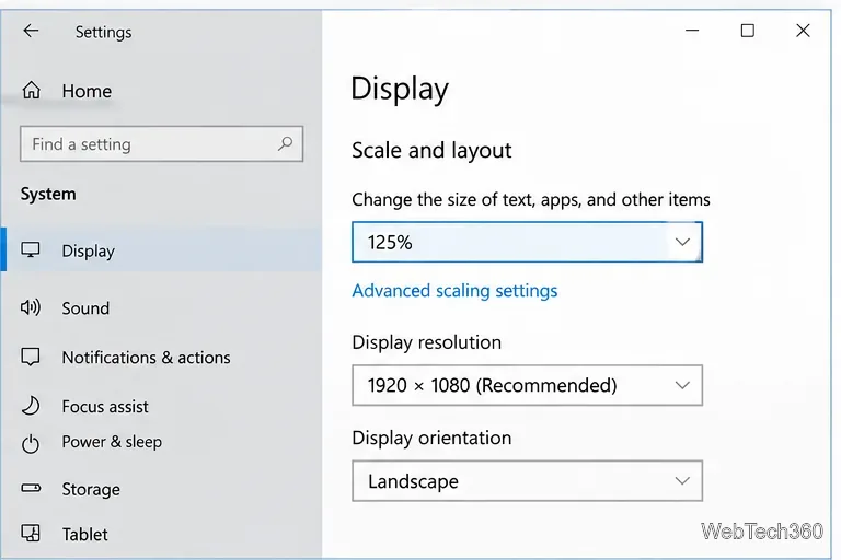 Windows 10 Scale and layout settings showing 125% scaling and the recommended display resolution.