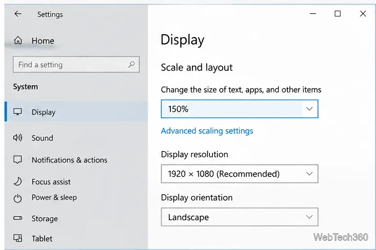 Windows 10 Scale and layout settings showing 150% scaling for a separately selected monitor.
