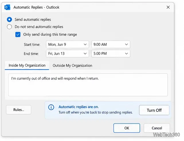 예약된 주기와 끄기 버튼이 있는 기존 Outlook 자동 응답 대화 상자