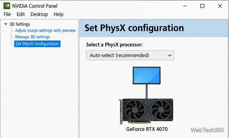 Страница конфигурации PhysX с активным параметром Auto-select и визуализатором, связывающим дисплей с примером GeForce RTX 4070.