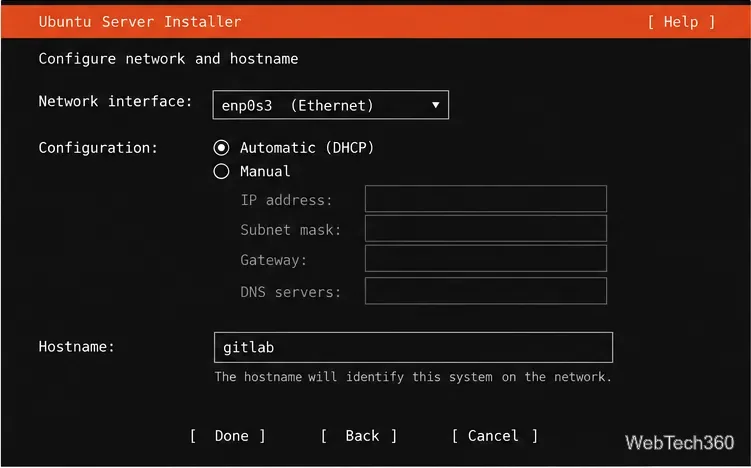 Ubuntu Server installer network and hostname screen with an Ethernet interface and the hostname gitlab