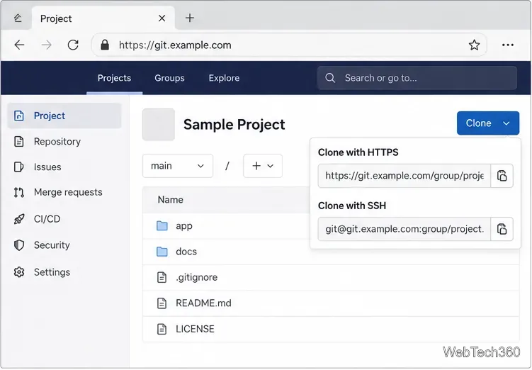 GitLab project repository page with a clone menu showing HTTPS and SSH connection choices