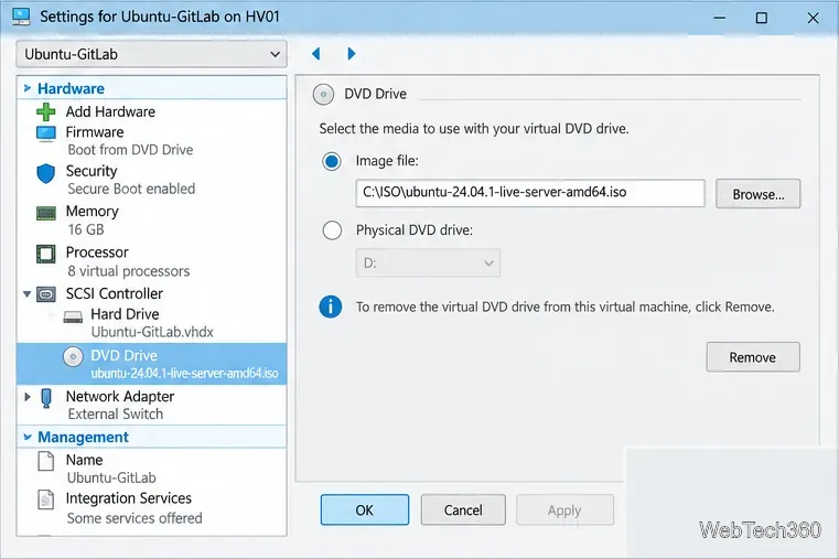 Hyper-V VM settings window with the Ubuntu Server installation ISO attached to the virtual DVD drive