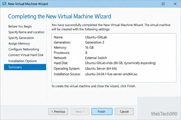 Hyper-V New Virtual Machine wizard summary for a Generation 2 Ubuntu Server virtual machine