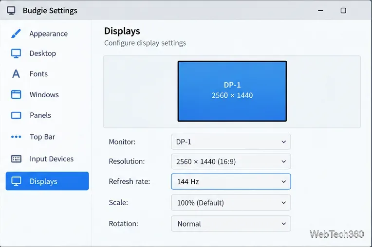 Pannello delle impostazioni di Budgie Displays a scopo illustrativo, con monitor e opzione di frequenza di aggiornamento a 144 Hz.