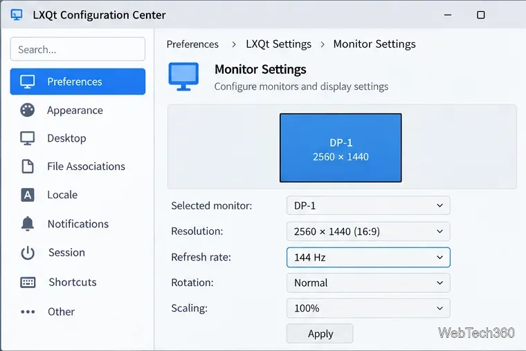 Pannello illustrativo delle impostazioni del monitor LXQt con risoluzione 2560 x 1440 a 144 Hz.
