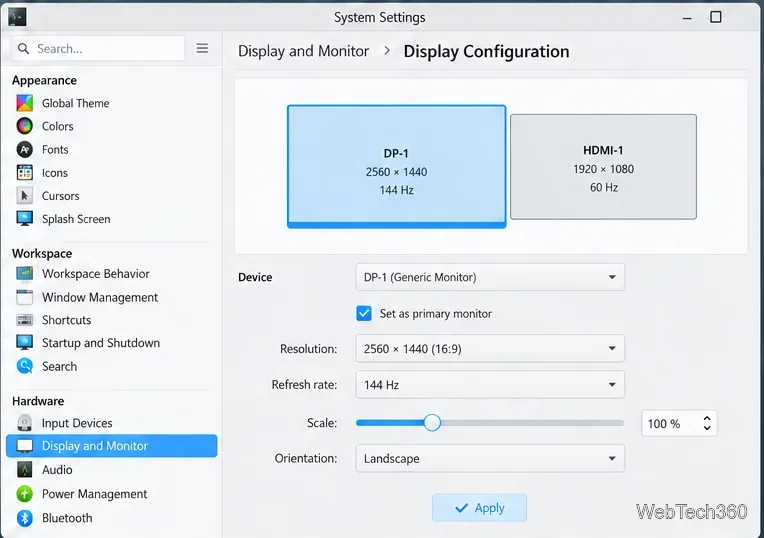 Pannello di configurazione illustrativo di un monitor al plasma KDE a 144 Hz.