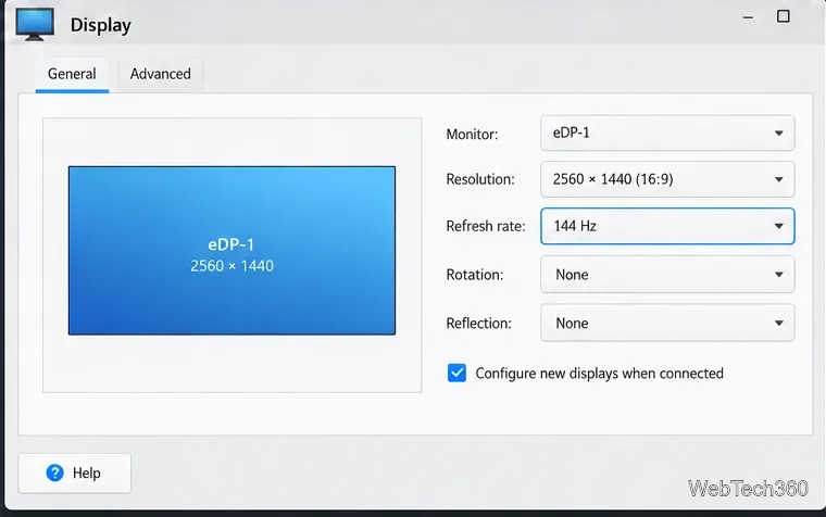 Esempio di impostazioni di visualizzazione di Xfce che mostrano il selettore della frequenza di aggiornamento a 144 Hz