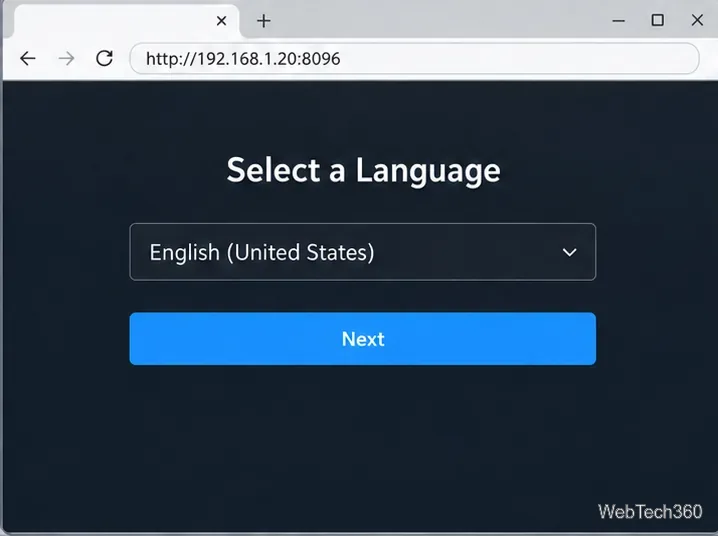 Jellyfin setup page at a server local address with a language selector.