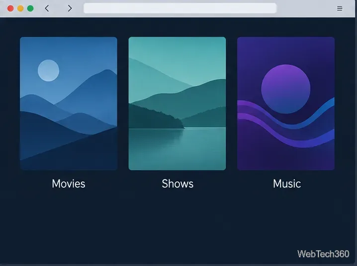 Jellyfin home screen with Movies, Shows, and Music collection tiles.