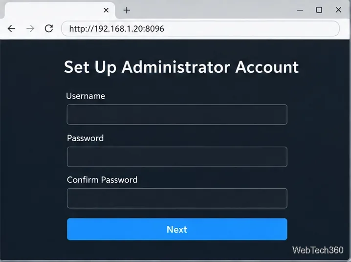 Jellyfin administrator form with username, password, and confirmation fields.