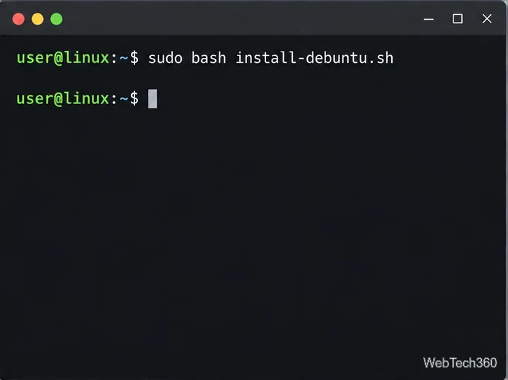 Linux terminal with sudo bash install-debuntu.sh ready to run the verified installer.