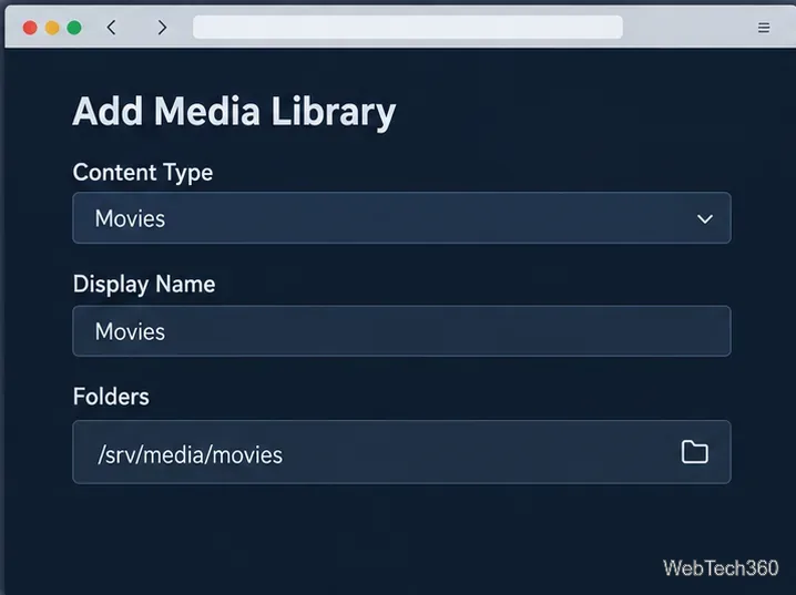 Jellyfin Add Media Library form set to Movies with the folder path /srv/media/movies.