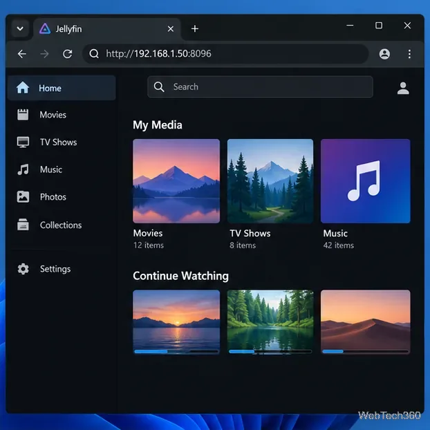 Jellyfin library open in a browser on another device at a sample local server address