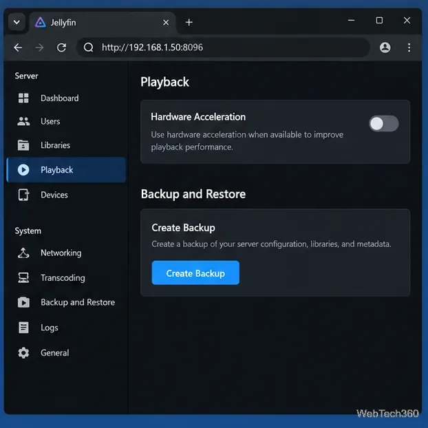 Jellyfin administrator dashboard illustration showing hardware acceleration and the Create Backup control