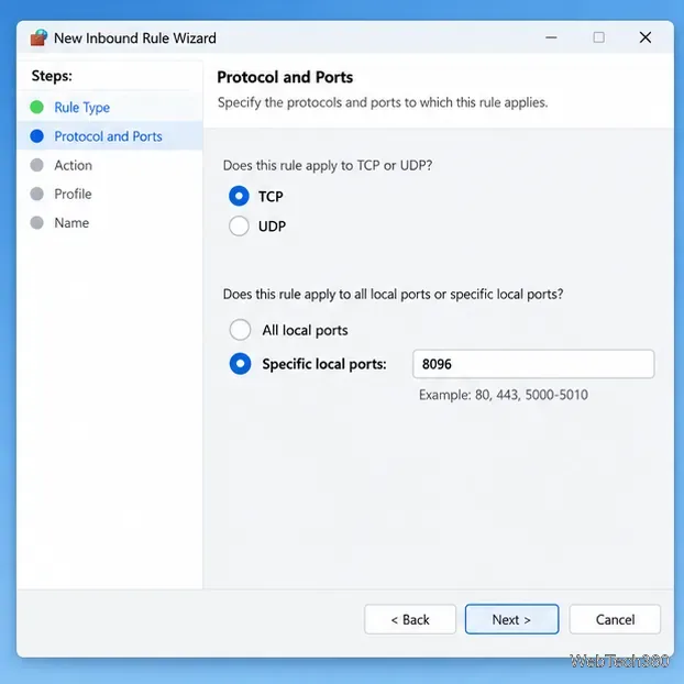 Windows Defender Firewall inbound rule illustration with TCP port 8096 and the Private profile selected