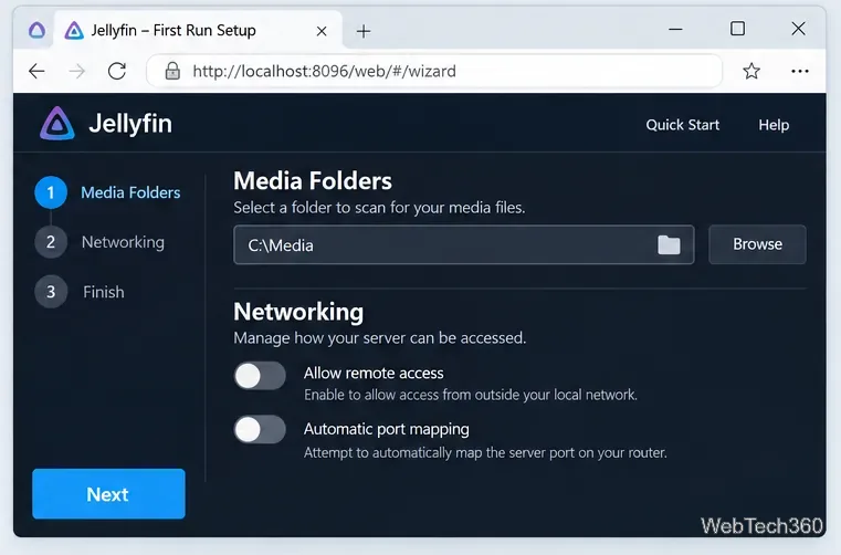 Jellyfin first-run setup illustration showing media folders and networking options