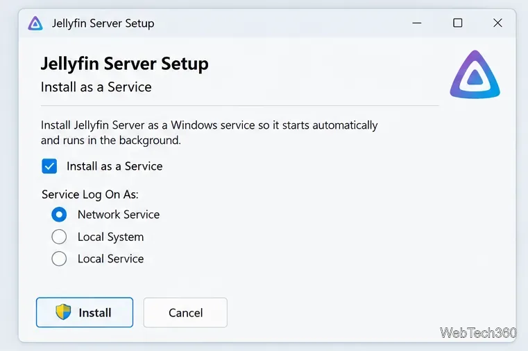 Jellyfin Server Setup illustration with Install as a Service and Network Service selected
