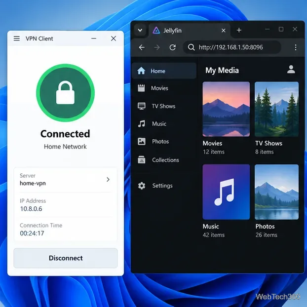 Jellyfin browser connected through a VPN client to a private home network