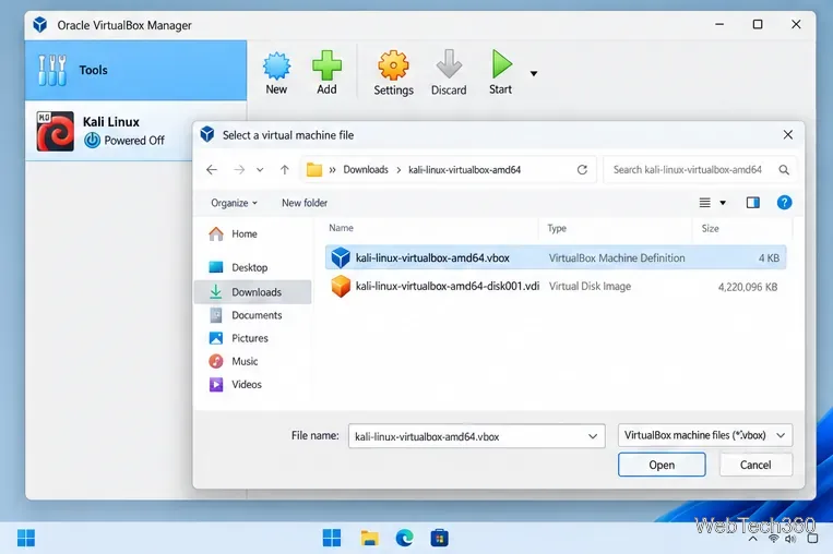 В VirtualBox Manager добавить средство выбора файлов с выбранным определением виртуальной машины Kali vbox.