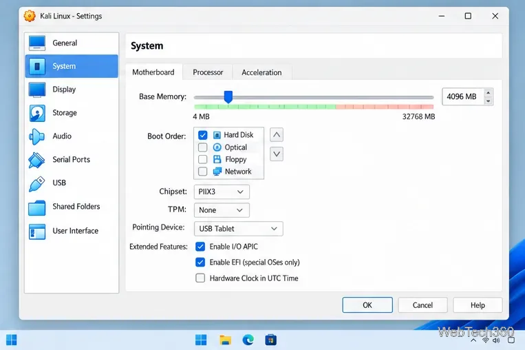 В настройках системы VirtualBox базовая память виртуальной машины Kali установлена ​​на 4096 МБ.