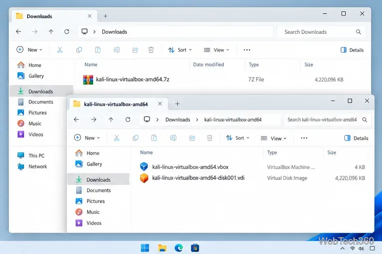 Проводник Windows отображает архив Kali 7z, а также извлеченные файлы vbox и виртуального диска.