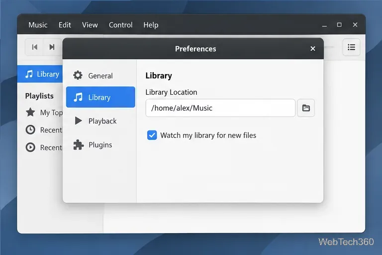 Rhythmbox Preferences on the Library page with the Music folder location and library monitoring enabled