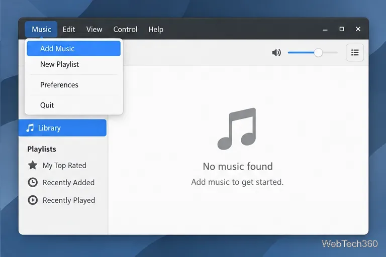 The Rhythmbox Music menu open with Add Music selected