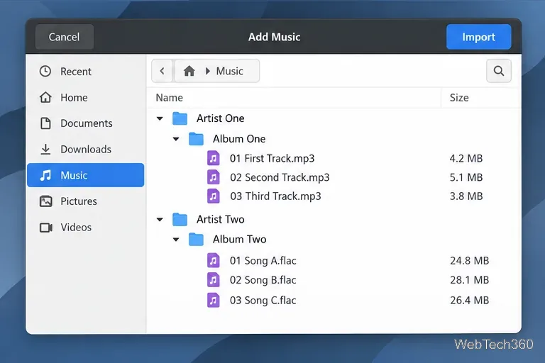 The Rhythmbox Add Music chooser showing album folders and audio tracks before import
