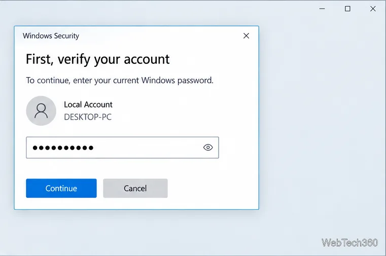 Dialog ilustrativ de securitate Windows care solicită parola contului curent de Windows înainte de configurare