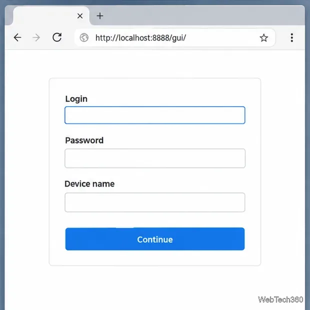 Navegador aberto em localhost:8888/gui exibindo os campos de login, senha e nome do dispositivo da primeira execução do Resilio Sync.