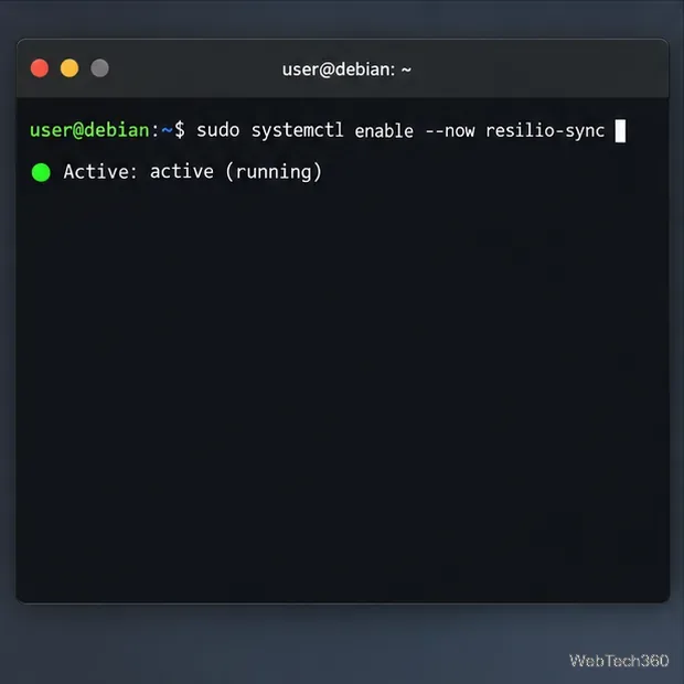 Terminal Linux exibindo o comando systemd para habilitar o Resilio Sync e o status de um serviço ativo.