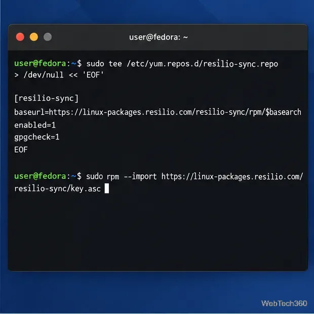 Terminal do Fedora mostrando a configuração do repositório RPM do Resilio Sync e a chave de assinatura importada.